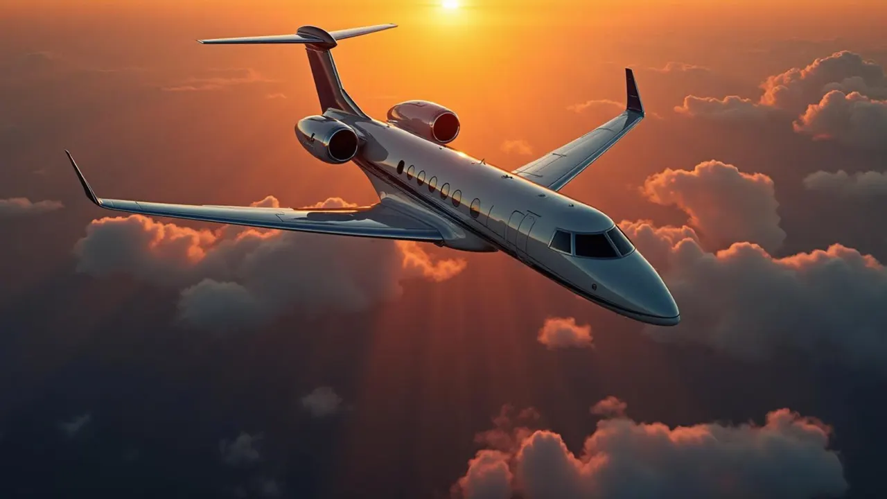 Luxury private jet soaring at sunset